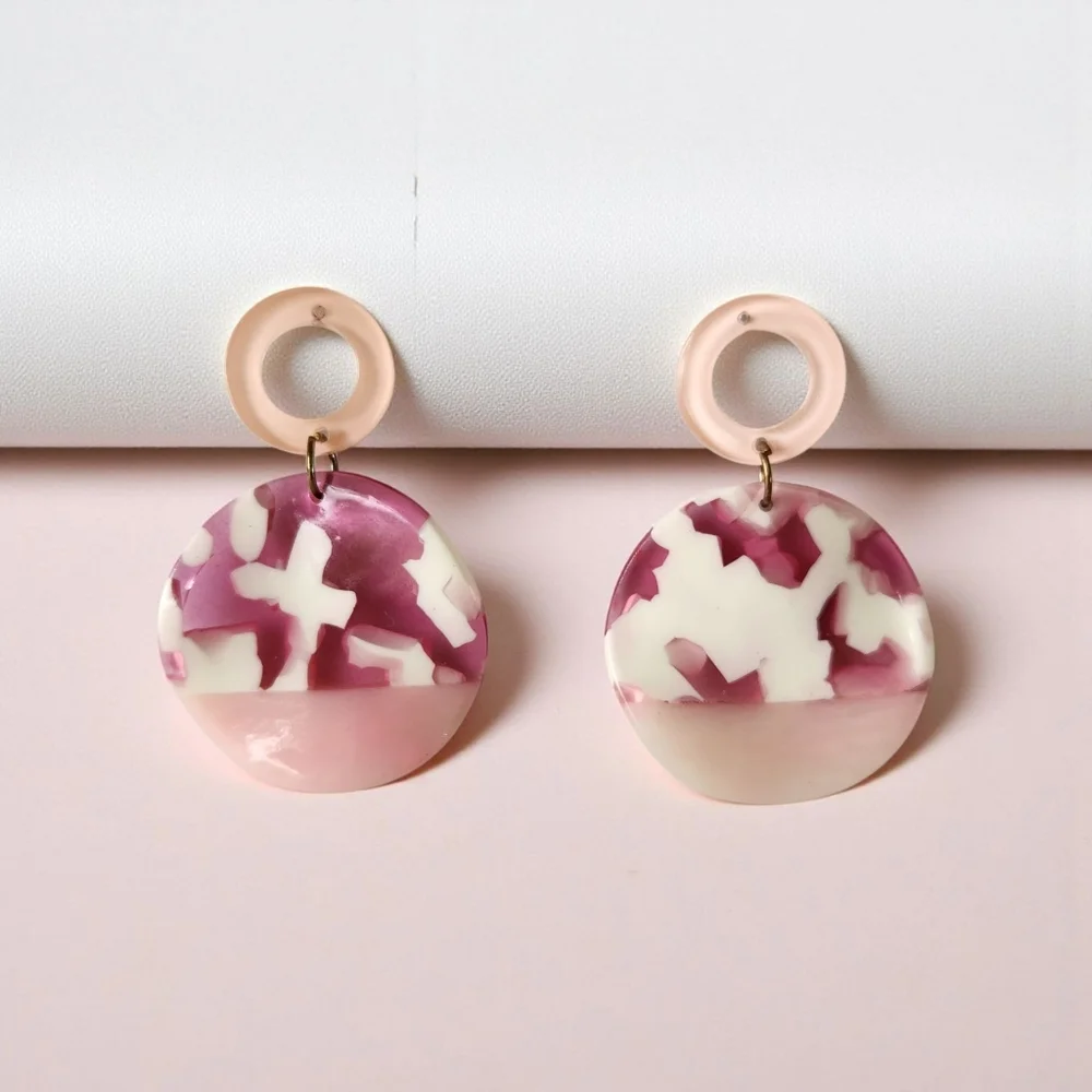 Pink White Acrylic Swirl Round Post Dangle Earrings for Pierced Ears